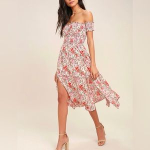 View from the Meadow Cream Floral Print Off-the-Shoulder Dress